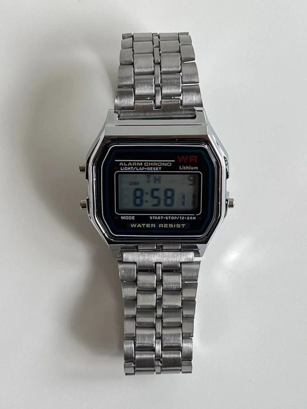 Classic Silver Digital Alarm Watch - Stainless Bracelet